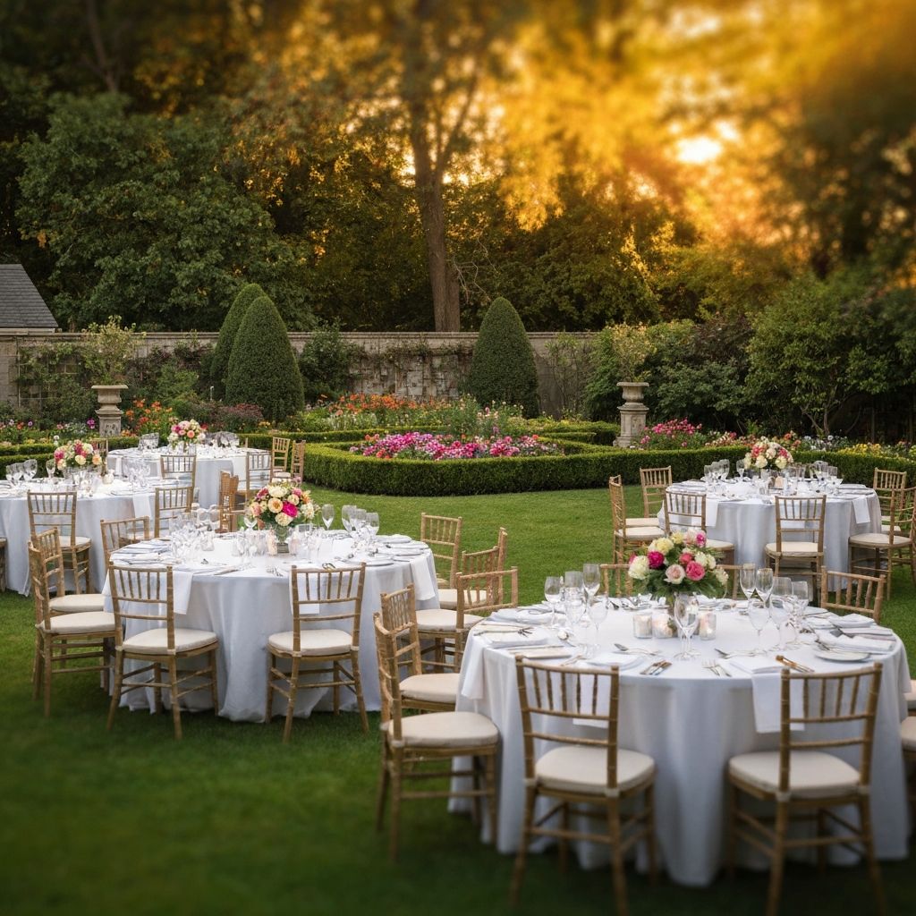 A beautifully decorated outdoor evening event with warm string lights and elegant table settings